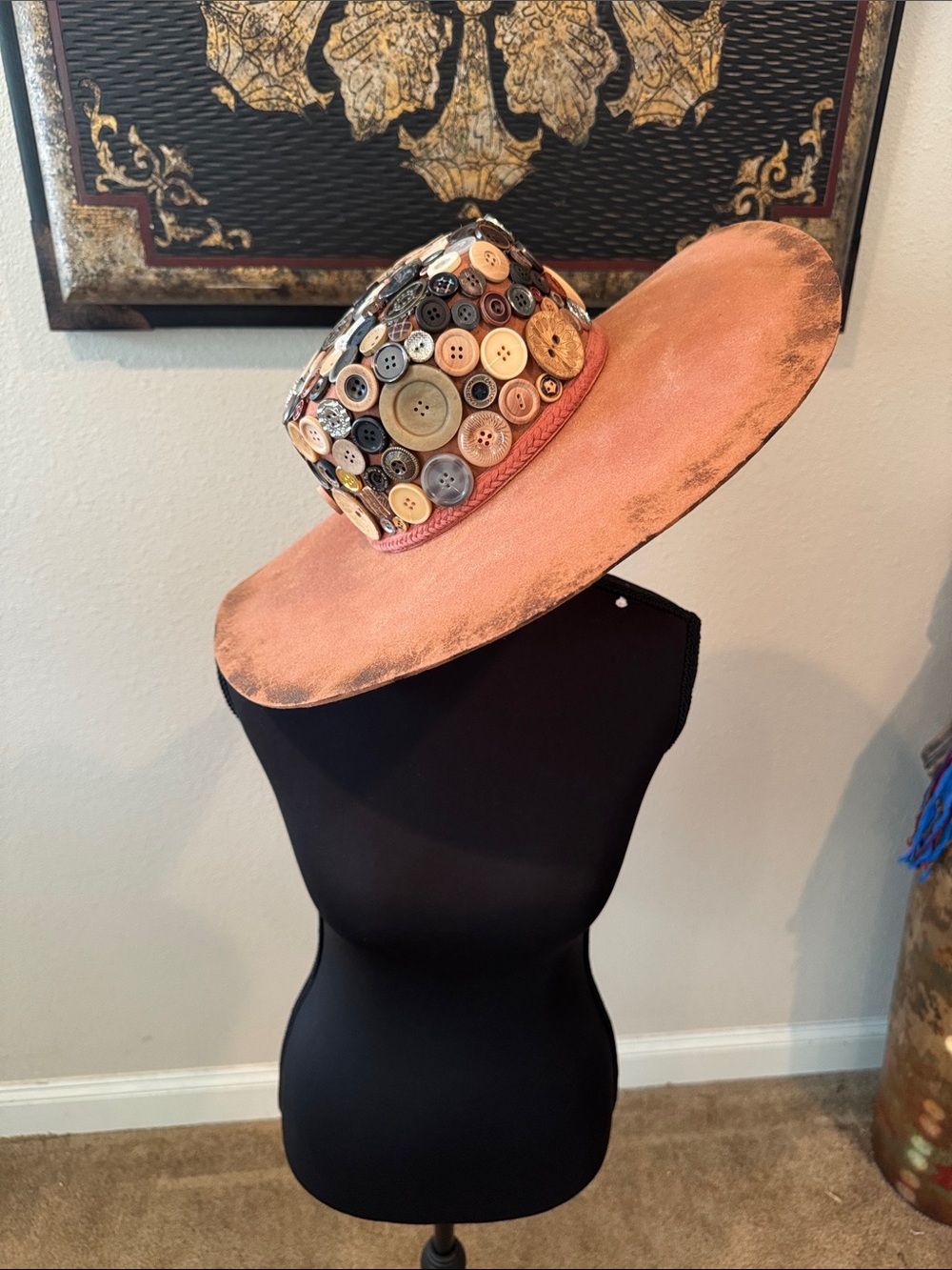 Button-Embellished Wide Brim Hat in Peach